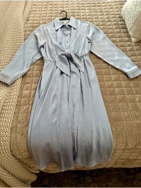 Michael Kors Blue and White Striped Tie-Waist Shirt Dress